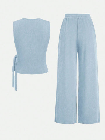 2pcs Set Women Solid Color Side Tie Tank Top And Wide Leg Pants