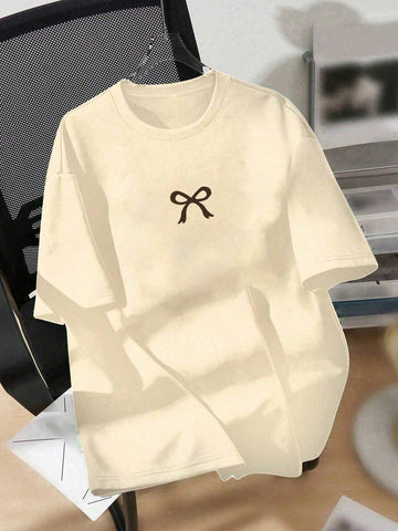INAWLY Women Casual Pink Bow Print Round Neck Short Sleeve T-Shirt