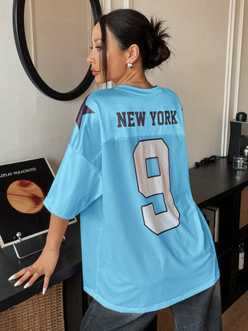 EZwear Oversized Boyfriend Style Print Letter & Star Satin Basketball Jersey Tee