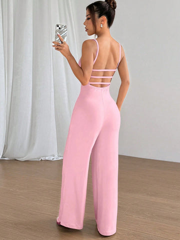 Flirla Solid Color Open Back Camisole Romper