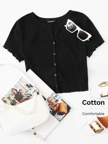 EZwear Button Front Lettuce Trim Rib-knit Tee
