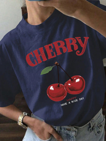 EZwear Oversized Casual Cherry Pattern Round Neck Short Sleeve T-Shirt