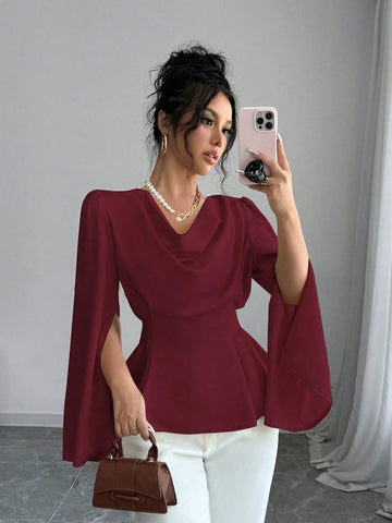 Elenzga Women's Solid Color Lapel Split Long Sleeve Elegant Blouse