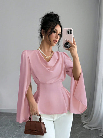 Elenzga Women's Solid Color Lapel Split Long Sleeve Elegant Blouse