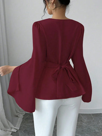 Elenzga Women's Solid Color Lapel Split Long Sleeve Elegant Blouse