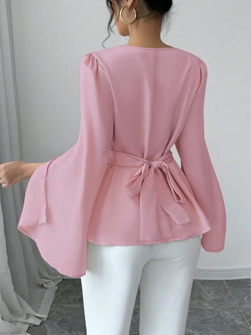 Elenzga Women's Solid Color Lapel Split Long Sleeve Elegant Blouse