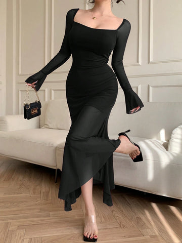 Mermaid Tail Mesh See-Through Flare Sleeve Valentine's Day Dress
