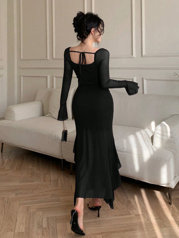 Mermaid Tail Mesh See-Through Flare Sleeve Valentine's Day Dress