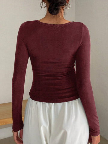 DAZY Women's Solid Color Simple Casual Long Sleeve T-Shirt