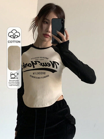 DAZY Letter Print Color Block Raglan Sleeve T-Shirt