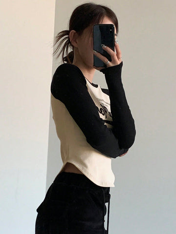 DAZY Letter Print Color Block Raglan Sleeve T-Shirt