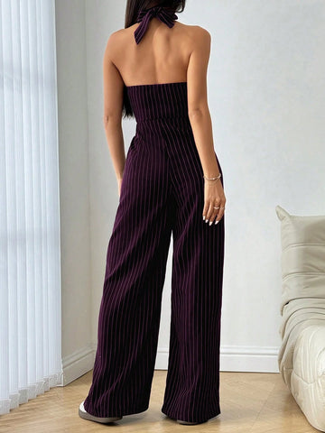 Flirla Striped Print Backless Button Up Casual Sleeveless Jumpsuit