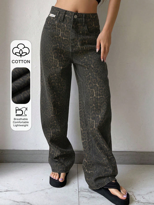 Women's Leopard Print Wide Leg Loose Casual Jeans With Pockets