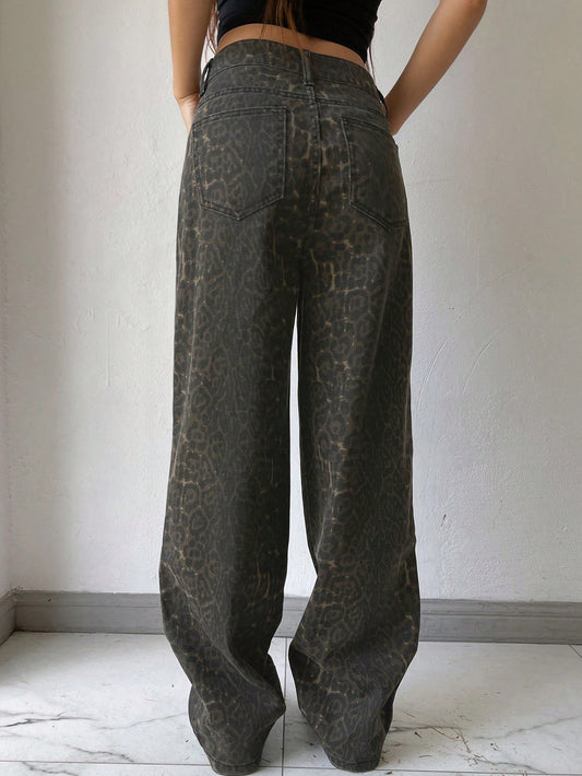 Women's Leopard Print Wide Leg Loose Casual Jeans With Pockets
