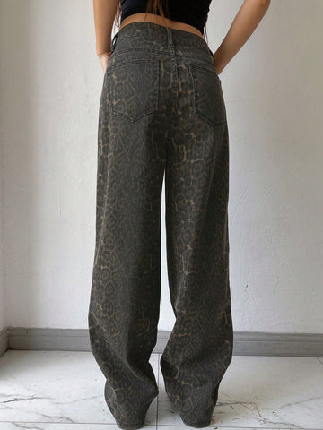 Women's Leopard Print Wide Leg Loose Casual Jeans With Pockets