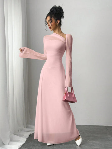 Siren Gaze Women's Solid Color Mesh Patchwork Asymmetrical Collar Long Sleeve Elegant Dress