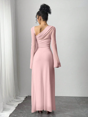 Siren Gaze Women's Solid Color Mesh Patchwork Asymmetrical Collar Long Sleeve Elegant Dress