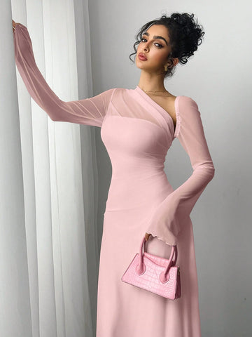 Siren Gaze Women's Solid Color Mesh Patchwork Asymmetrical Collar Long Sleeve Elegant Dress