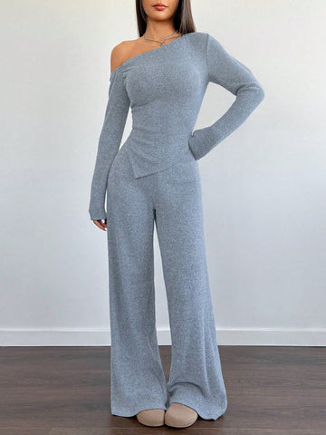 Women Winter Casual Fuzzy Asymmetrical Off-Shoulder Top With Loose Wide-Leg Pants