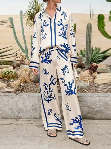 Women Set Front Button Long Sleeve Printed Casual Top And Pants