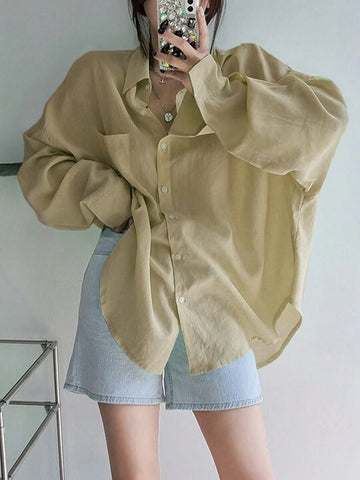 Women's Solid Color Single Breasted Asymmetrical Hem Super Loose Shirt