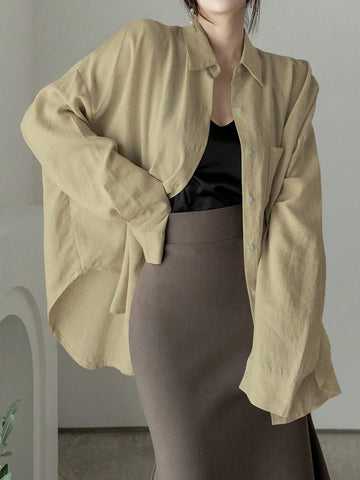 Women's Solid Color Single Breasted Asymmetrical Hem Super Loose Shirt