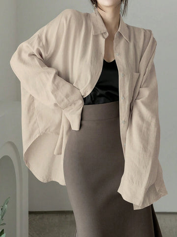 Women's Solid Color Single Breasted Asymmetrical Hem Super Loose Shirt
