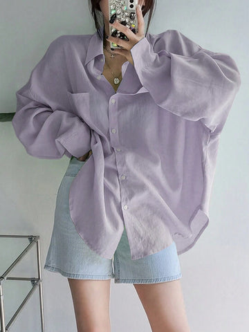 Women's Solid Color Single Breasted Asymmetrical Hem Super Loose Shirt