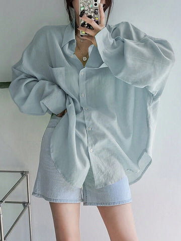 Women's Solid Color Single Breasted Asymmetrical Hem Super Loose Shirt