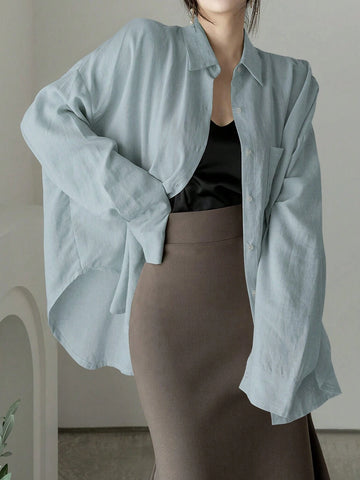 Women's Solid Color Single Breasted Asymmetrical Hem Super Loose Shirt