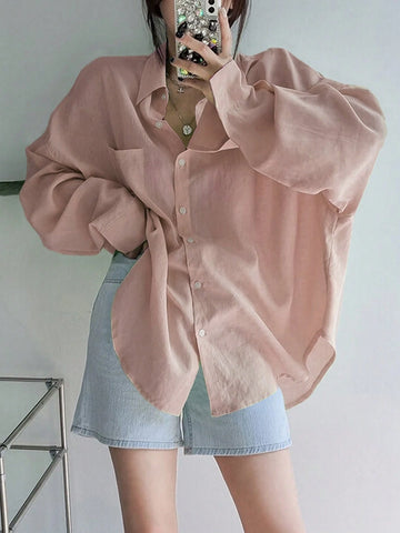 Women's Solid Color Single Breasted Asymmetrical Hem Super Loose Shirt