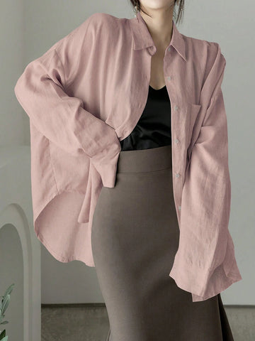 Women's Solid Color Single Breasted Asymmetrical Hem Super Loose Shirt
