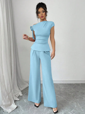2pcs Set Elegant Cinched Waist Asymmetric Shoulder Floral Wide Leg Pants