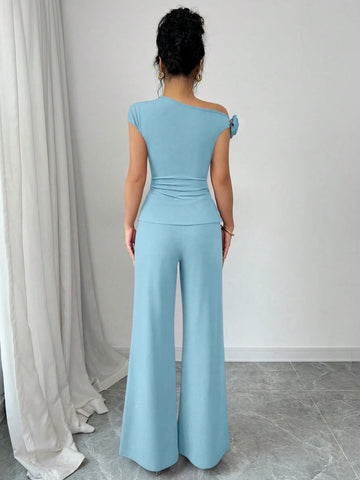 2pcs Set Elegant Cinched Waist Asymmetric Shoulder Floral Wide Leg Pants