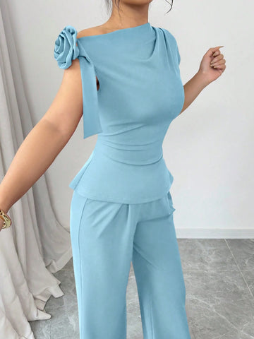2pcs Set Elegant Cinched Waist Asymmetric Shoulder Floral Wide Leg Pants