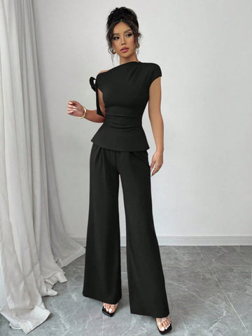 2pcs Set Elegant Cinched Waist Asymmetric Shoulder Floral Wide Leg Pants
