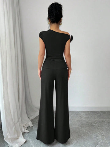 2pcs Set Elegant Cinched Waist Asymmetric Shoulder Floral Wide Leg Pants