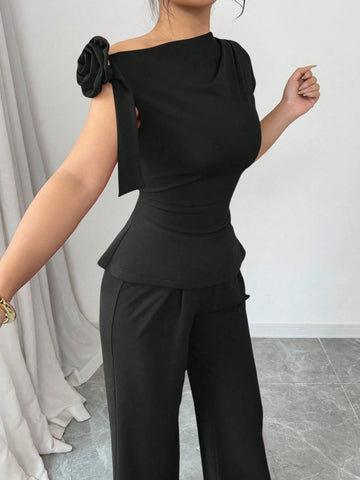 2pcs Set Elegant Cinched Waist Asymmetric Shoulder Floral Wide Leg Pants