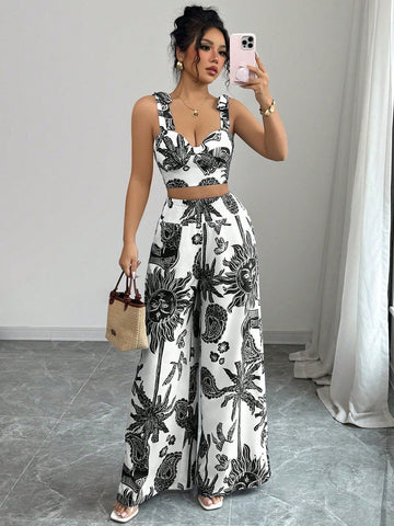 Bohemian Style Print Bib Strap Crop Top With Tie Waist Straight Leg Pants