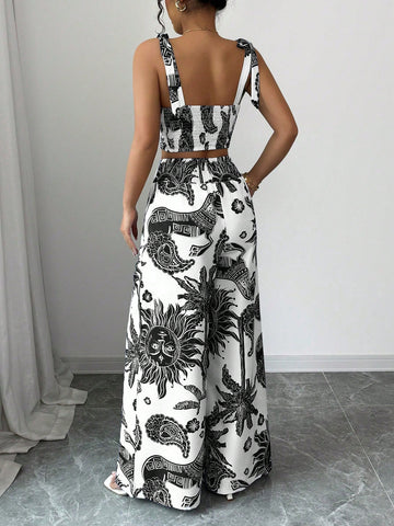 Bohemian Style Print Bib Strap Crop Top With Tie Waist Straight Leg Pants