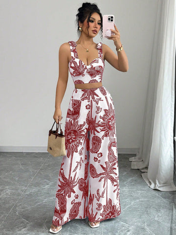 Bohemian Style Print Bib Strap Crop Top With Tie Waist Straight Leg Pants