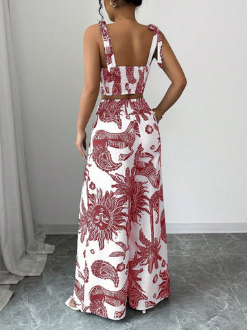 Bohemian Style Print Bib Strap Crop Top With Tie Waist Straight Leg Pants