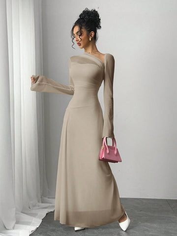 Siren Gaze Women's Solid Color Mesh Patchwork Asymmetrical Collar Long Sleeve Elegant Dress
