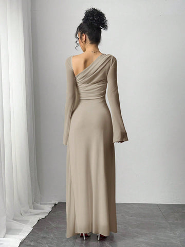 Siren Gaze Women's Solid Color Mesh Patchwork Asymmetrical Collar Long Sleeve Elegant Dress