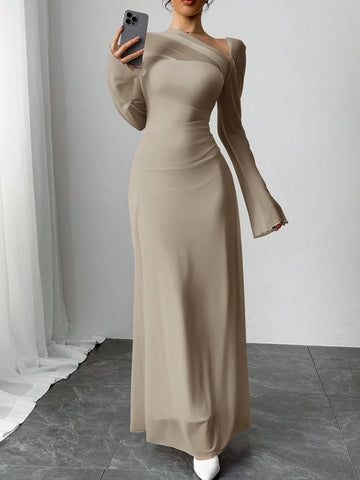 Siren Gaze Women's Solid Color Mesh Patchwork Asymmetrical Collar Long Sleeve Elegant Dress