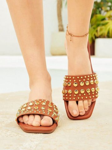 Metallic Ombre Rhinestone Embellished Casual Party Flat Slippers