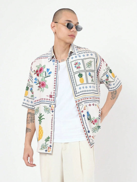Tropical Resort Short Sleeve Button Down Shirt Floral Pineapple Print