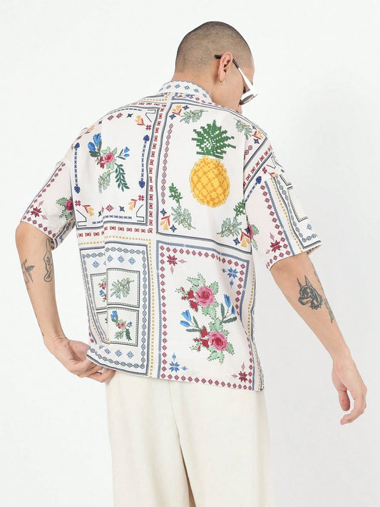 Tropical Resort Short Sleeve Button Down Shirt Floral Pineapple Print