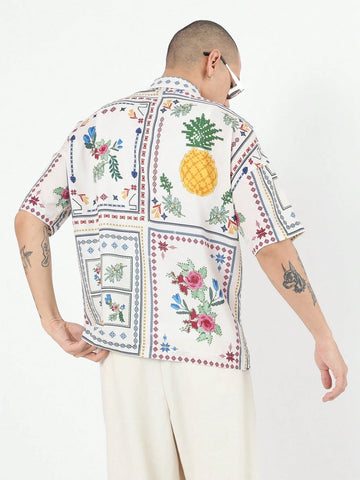 Tropical Resort Short Sleeve Button Down Shirt Floral Pineapple Print