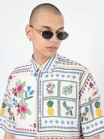 Tropical Resort Short Sleeve Button Down Shirt Floral Pineapple Print